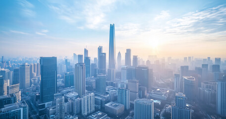 Obraz premium Aerial View of City Skyline and Skyscrapers Under Blue Sky and White Clouds