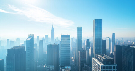 Fototapeta premium Aerial View of City Skyline and Skyscrapers Under Blue Sky and White Clouds