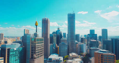 Obraz premium Aerial View of City Skyline and Skyscrapers Under Blue Sky and White Clouds