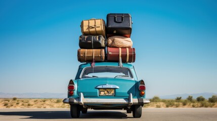 Naklejka premium A charming vintage car, overloaded with luggage on its roof, drives down an open road under a clear blue sky, epitomizing adventure and freedom.