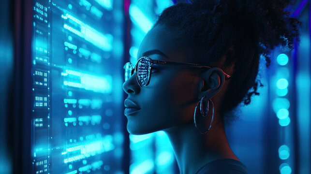 Futuristic woman reflected in glowing server lights