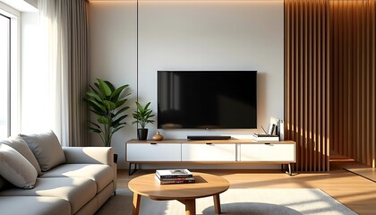 Stylish modern living room with white sofa, table and tv on the wall with light through glass window 