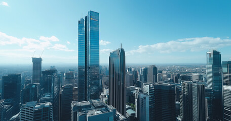Obraz premium Aerial View of City Skyline and Skyscrapers Under Blue Sky and White Clouds
