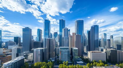 Fototapeta premium Aerial View of City Skyline and Skyscrapers Under Blue Sky and White Clouds