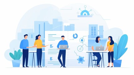 Illustrative team collaborates on a digital startup project amidst graphs and gears, symbolizing innovation and teamwork in a tech-driven world.