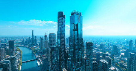 Fototapeta premium Aerial View of City Skyline and Skyscrapers Under Blue Sky and White Clouds