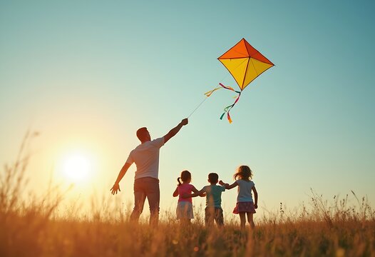 Father flying a kite with children in the field on sunlight sky