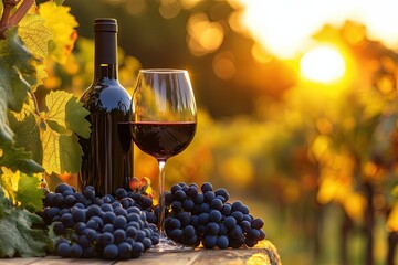 A bottle and glass of red wine stand on a table with grapes in a vineyard during sunset. The warm light of the setting sun illuminates the stage, creating a cozy and welcoming atmosphere. 