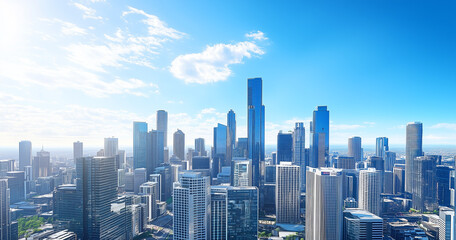 Obraz premium Aerial View of City Skyline and Skyscrapers Under Blue Sky and White Clouds