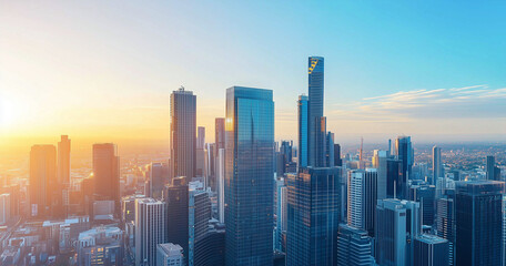 Obraz premium Aerial View of City Skyline and Skyscrapers Under Blue Sky and White Clouds