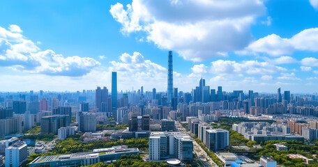 Obraz premium Aerial View of City Skyline and Skyscrapers Under Blue Sky and White Clouds
