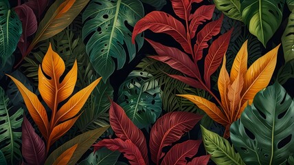Fototapeta premium Colorful Tropic Exotic Seamless Rainforest Leaf Pattern