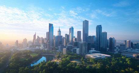 Fototapeta premium Aerial View of City Skyline and Skyscrapers Under Blue Sky and White Clouds