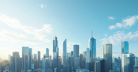 Fototapeta premium Aerial View of City Skyline and Skyscrapers Under Blue Sky and White Clouds