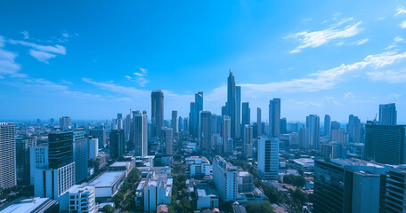 Obraz premium Aerial View of City Skyline and Skyscrapers Under Blue Sky and White Clouds