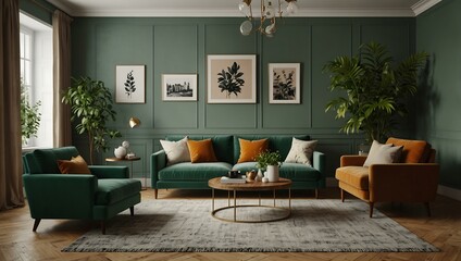 Another interior design template highlights a domestic living room with vintage decor and plenty of greenery.
