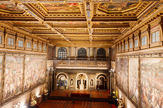 Interior decoration of The Salone dei Cinquecento (Hall of the Five Hundred) in Palazzo Vecchio, Florence, Tuscany, Italy