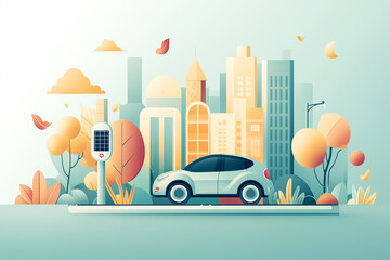 Naklejka premium EV car charging from a solarpowered station in the heart of a city designed around ecofriendly living
