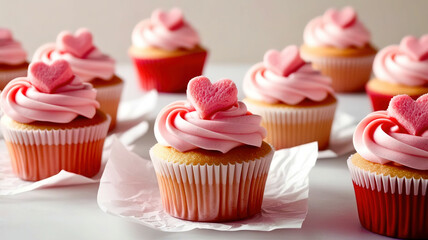 A row of pink cupcakes with hearts on top
