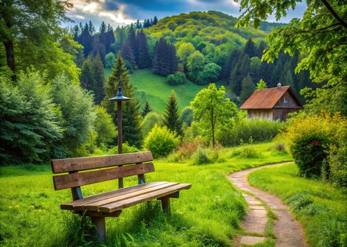 Serenene countryside park in Romania features a rustic wooden sign amidst lush greenery and a weathered bench, evoking a sense of peaceful rural tranquility.