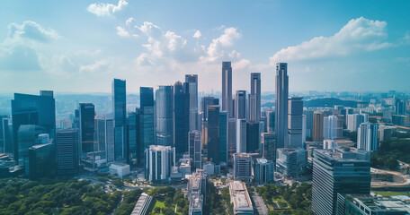 Naklejka premium Aerial View of City Skyline and Skyscrapers Under Blue Sky and White Clouds