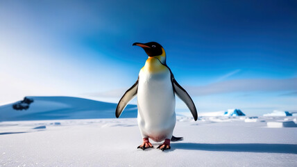 Fototapeta premium A penguin stands on a snowy surface, looking up at the camera
