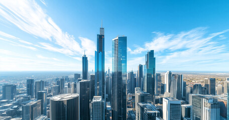 Fototapeta premium Aerial View of City Skyline and Skyscrapers Under Blue Sky and White Clouds
