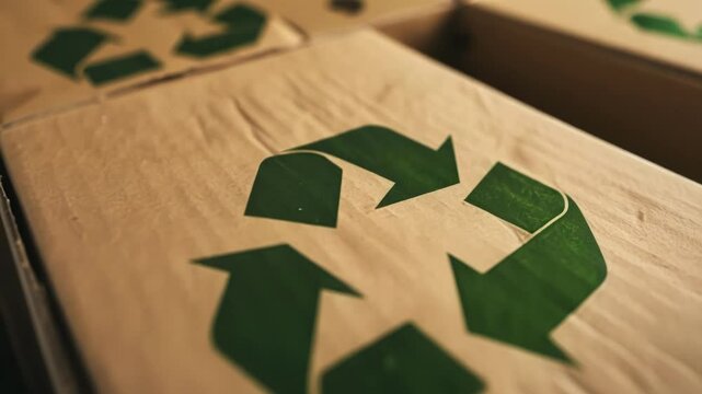 Close up of cardboard boxes with recycle symbol, promoting sustainability and reducing waste. Neatly stacked in warehouse, eco friendly packaging for distribution