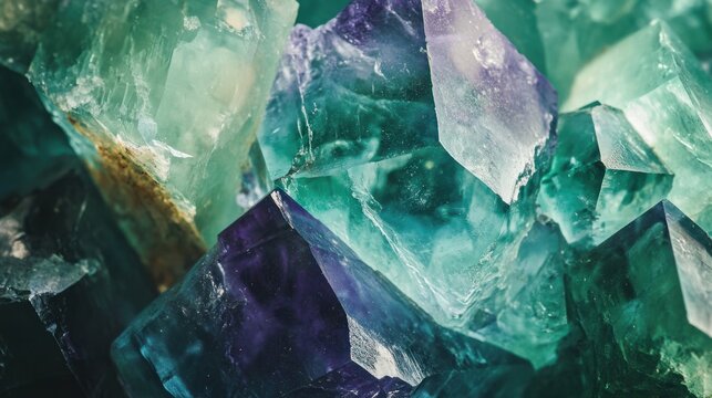Close-up of fluorite crystals in vivid shades of green and purple, with a clear, glassy texture