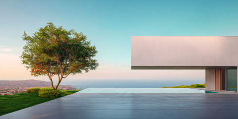 Modern architectural design by the seaside with a clear sky and lush greenery at sunset