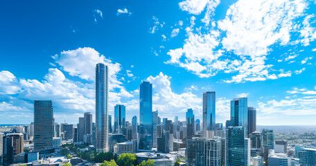 Aerial View of City Skyline and Skyscrapers Under Blue Sky and White Clouds