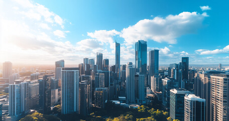 Obraz premium Aerial View of City Skyline and Skyscrapers Under Blue Sky and White Clouds