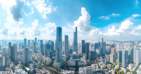 Fototapeta premium Aerial View of City Skyline and Skyscrapers Under Blue Sky and White Clouds