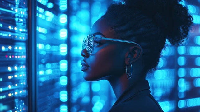 Side profile of a woman in glasses analyzing server data