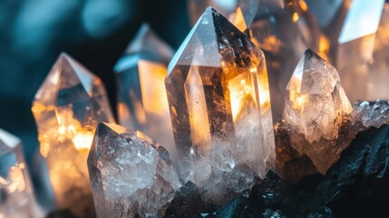 Fototapeta premium Close-up of raw quartz crystals with sharp edges and transparent surfaces reflecting light