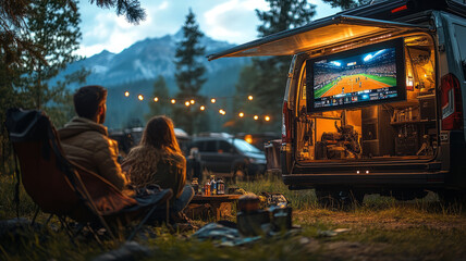 Friends are watching a live game on a smart TV in the back of a camping SUV.