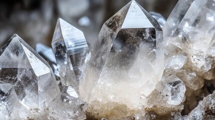 Close-up of raw quartz crystals with sharp edges and transparent surfaces reflecting light