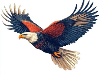 Obraz premium dynamic clipart of a bald eagle soaring through the skies wings spread wide against a bright white backdrop symbolizing freedom and strength in a simple striking design