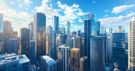 Obraz premium Aerial View of City Skyline and Skyscrapers Under Blue Sky and White Clouds