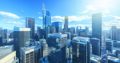 Fototapeta premium Aerial View of City Skyline and Skyscrapers Under Blue Sky and White Clouds