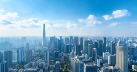 Fototapeta premium Aerial View of City Skyline and Skyscrapers Under Blue Sky and White Clouds