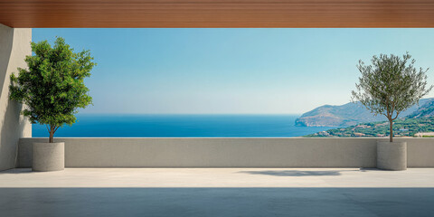 Stunning sea view from a minimalist terrace overlooking the ocean and mountains at midday