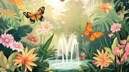 Obraz premium Tropical garden with fountain and butterflies.