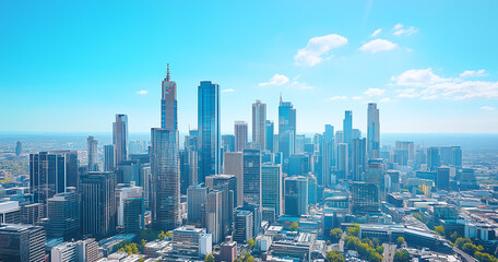 Obraz premium Aerial View of City Skyline and Skyscrapers Under Blue Sky and White Clouds