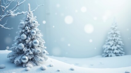 Magical Snowy Scene with Christmas Tree and Ornaments