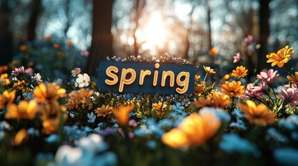 Spring season greeting sign surrounded by colorful blooming flowers and glowing sunlight in a vibrant meadow, representing growth, renewal, and the beauty of nature in spring
