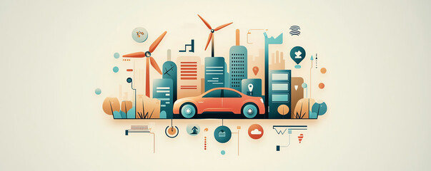 Naklejka premium Modern cityscape with EV cars driving by buildings powered by wind and solar energy