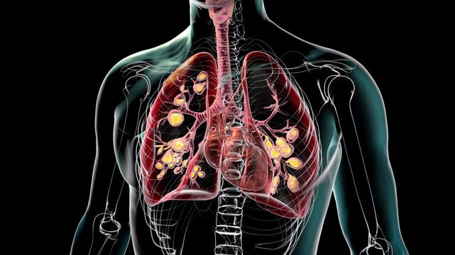 Lungs affected by cystic fibrosis, a genetic disorder causing thick mucus production. 3D animation shows bronchi dilation due to mucus accumulation and inflammation.