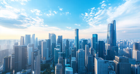 Fototapeta premium Aerial View of City Skyline and Skyscrapers Under Blue Sky and White Clouds