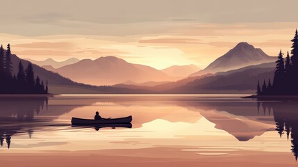 Canoe on calm lake with mountain backdrop.